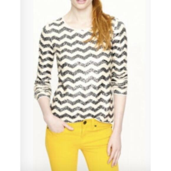 J. Crew Sequin Chevron Stripe Sweater Size S Cream Black Sparkle Festive Preppy - Picture 2 of 9